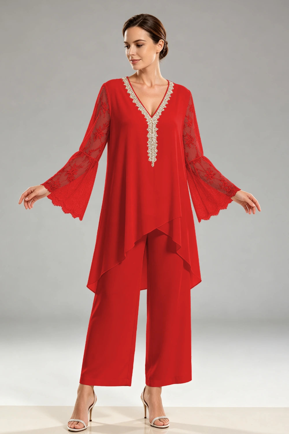 Ivory Beaded Lace V Neck Chiffon Pant Suit