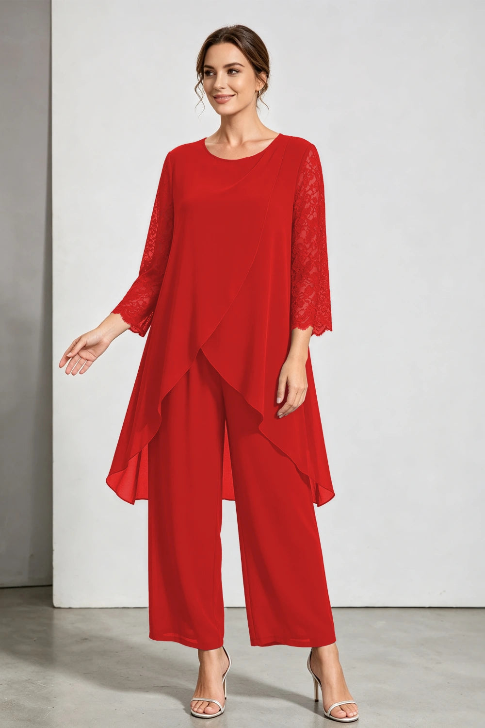 Peacock Blue Scoop Neck Tiered Chiffon Pant Suit