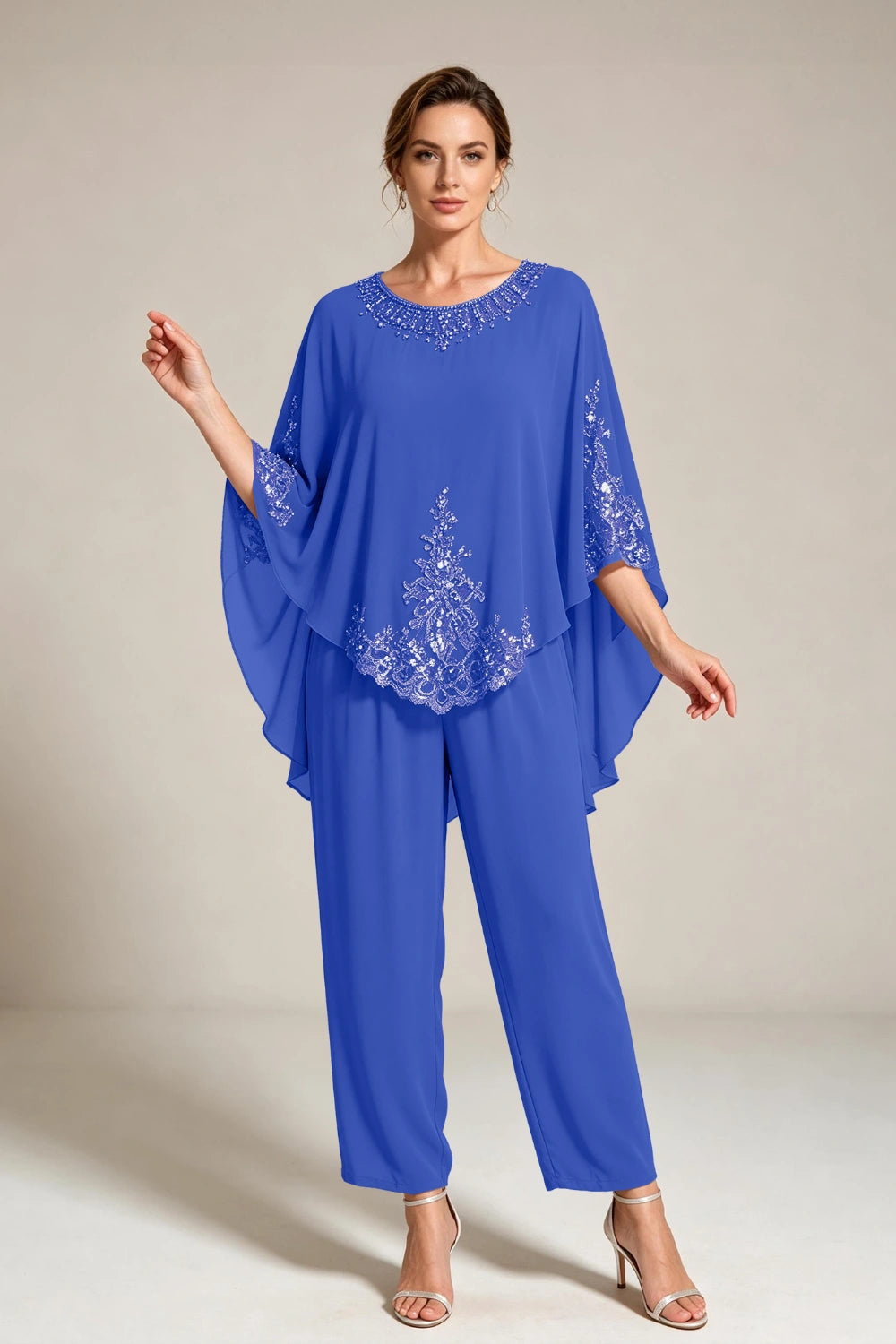 Beige Beaded-Lace Cape-Sleeve Chiffon Pant Suit