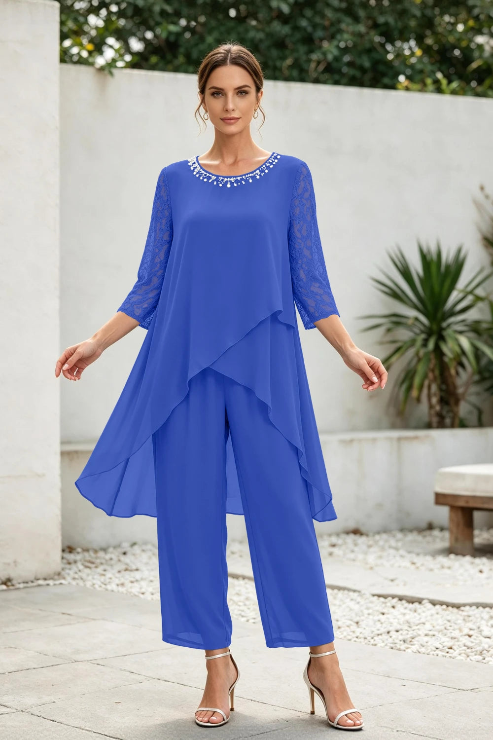 Dusty Blue Cross-Tier Lace-Sleeve Chiffon Pant Suit