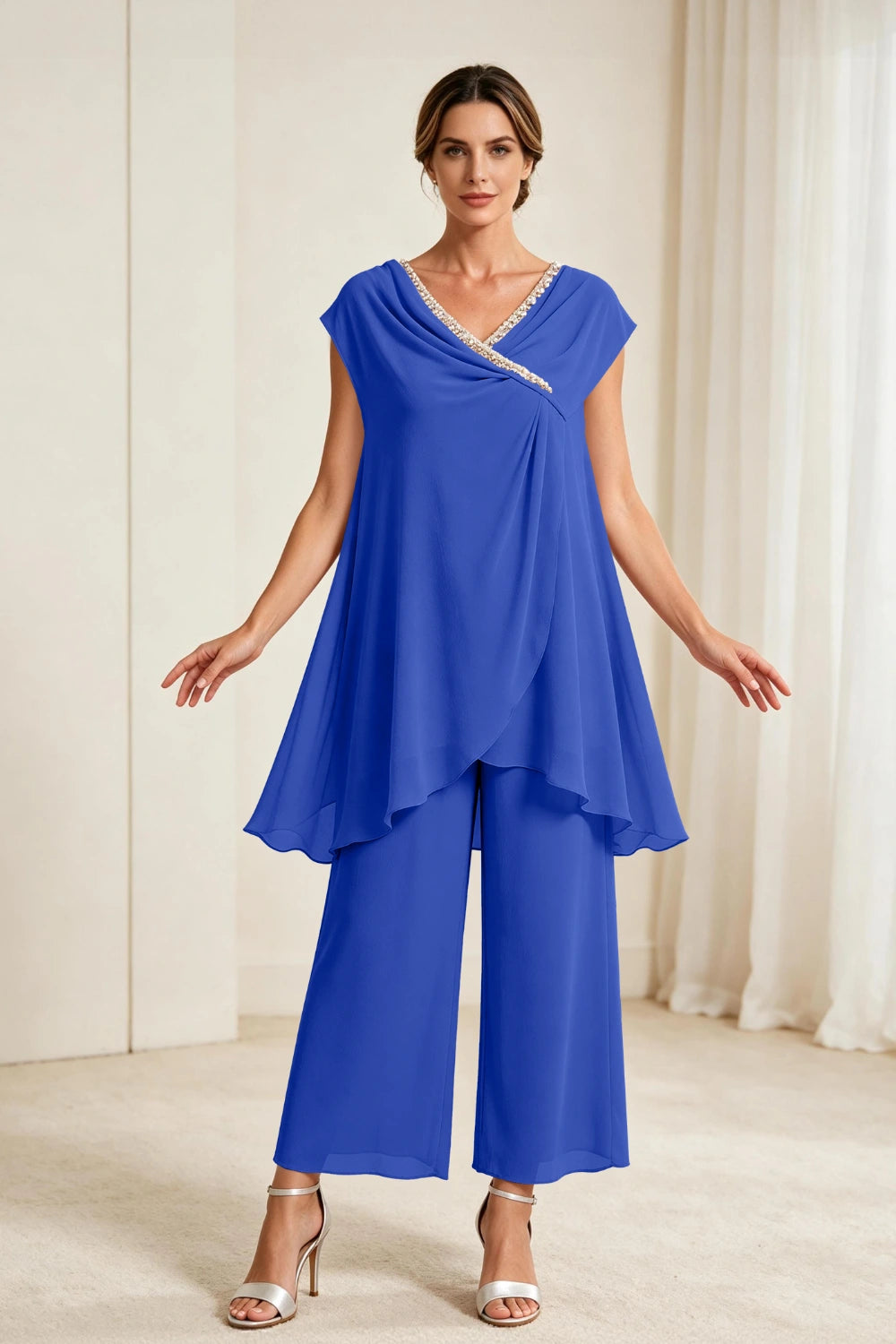 Dusty Rose Draped Asymmetric Chiffon Pant Suit