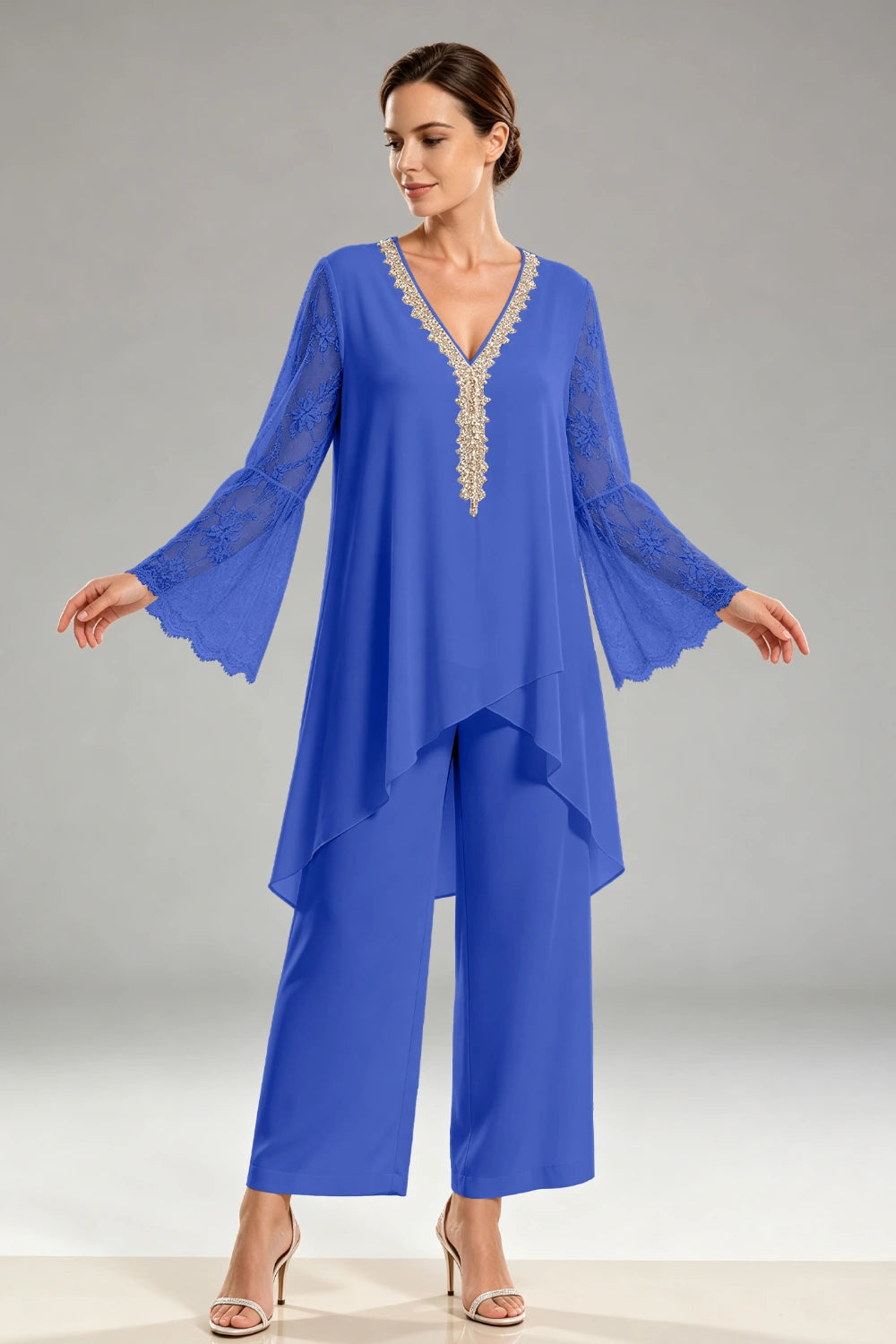 Ivory Beaded Lace V Neck Chiffon Pant Suit
