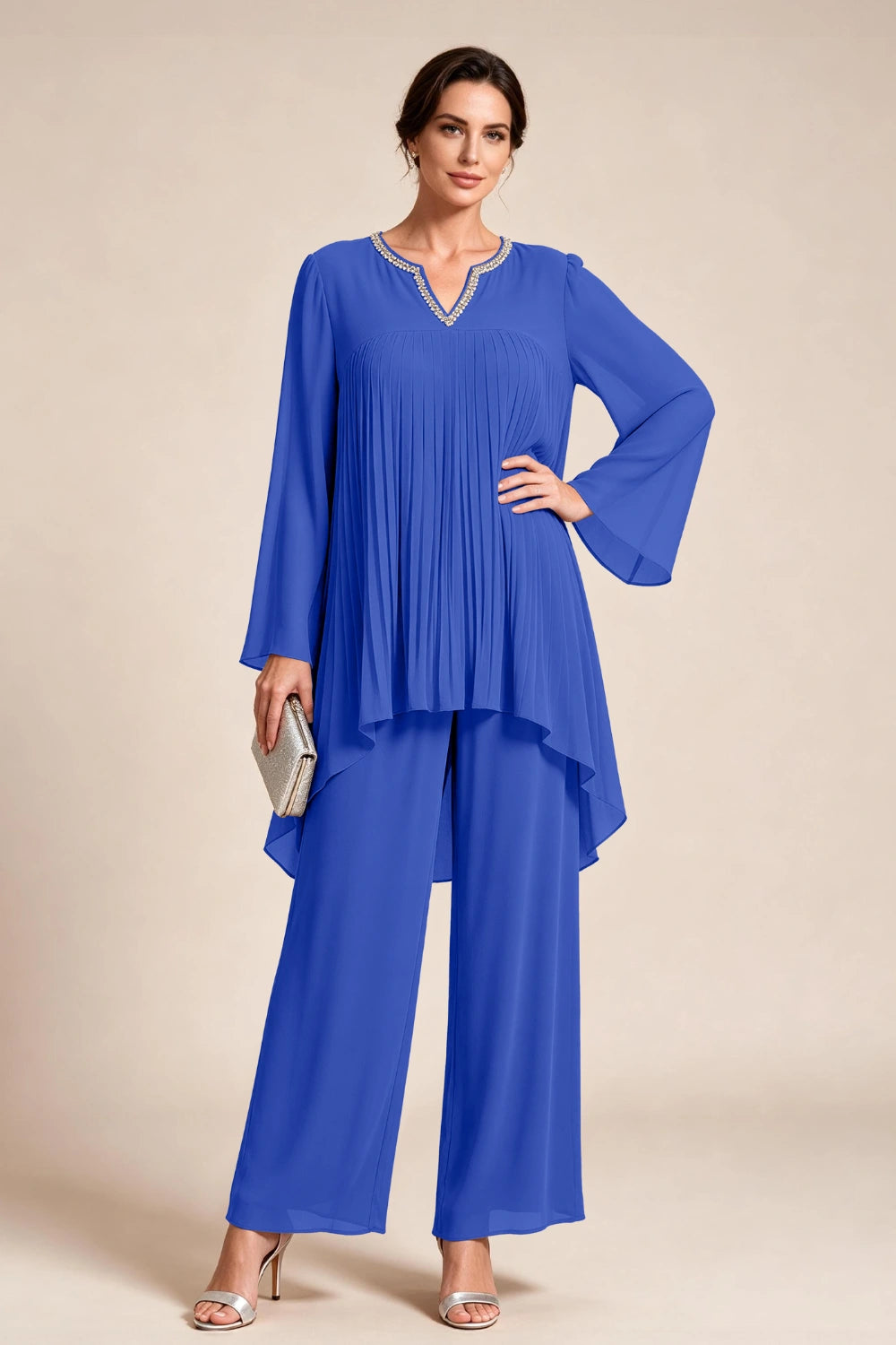 Beige Pleated-Bodice Chiffon Pant Suit