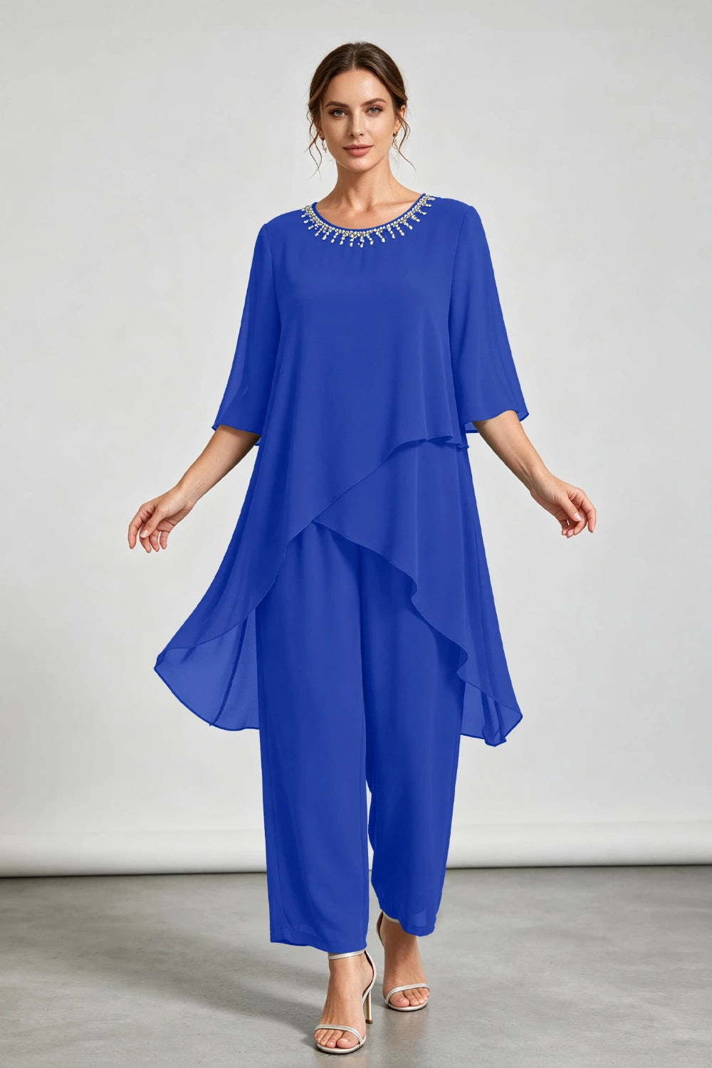 Peacock Blue Asymmetric Ruffle Chiffon Pant Suit
