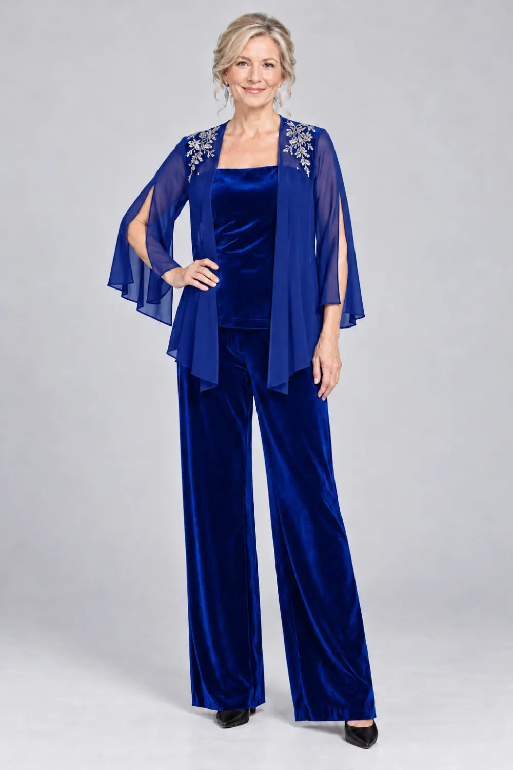 Royal Blue pant suit with floral shoulder embroidery and square-neck top, front view.