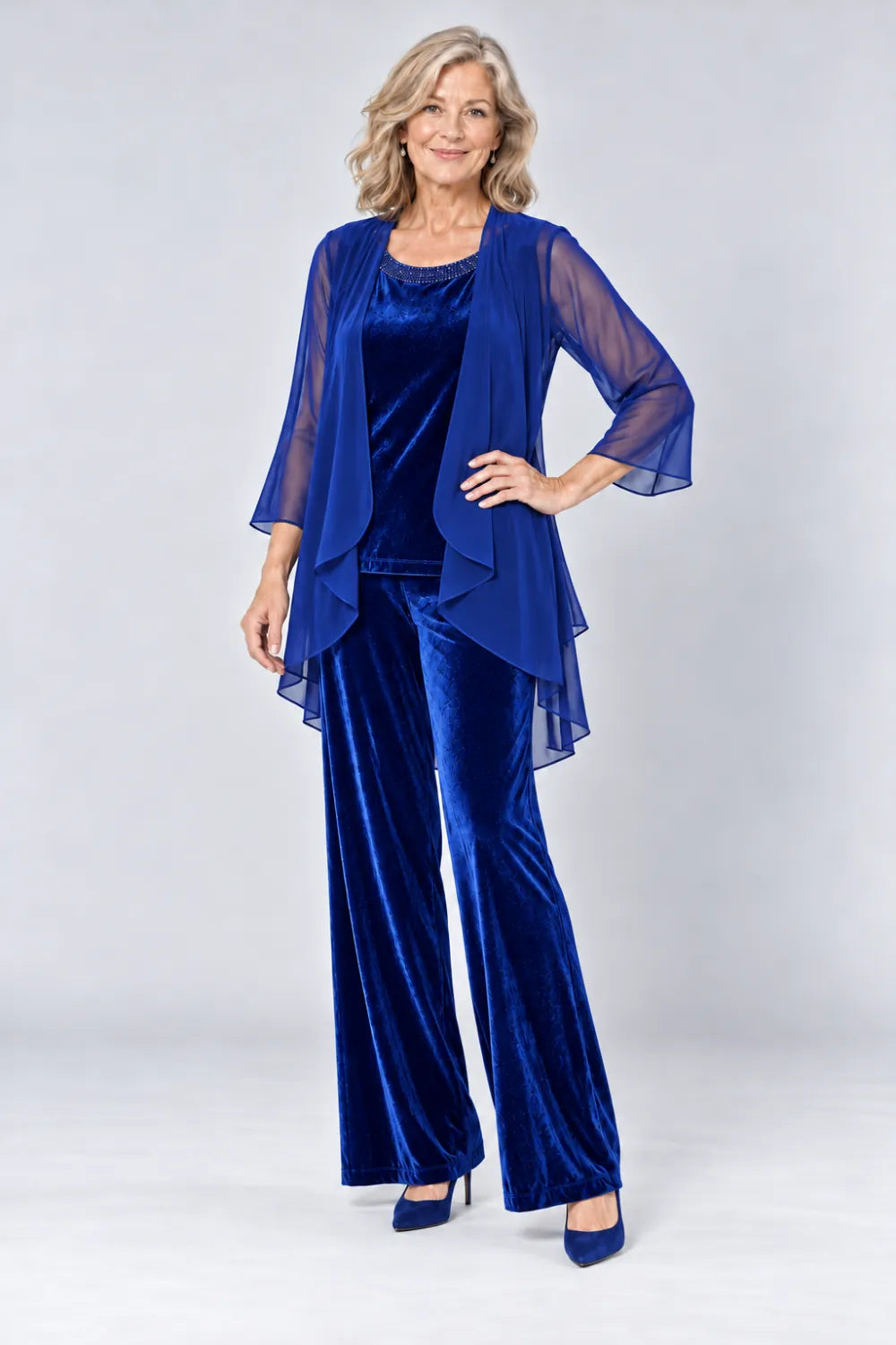 Royal Blue pant suit with plain waterfall panels and rounded top neckline, front view.