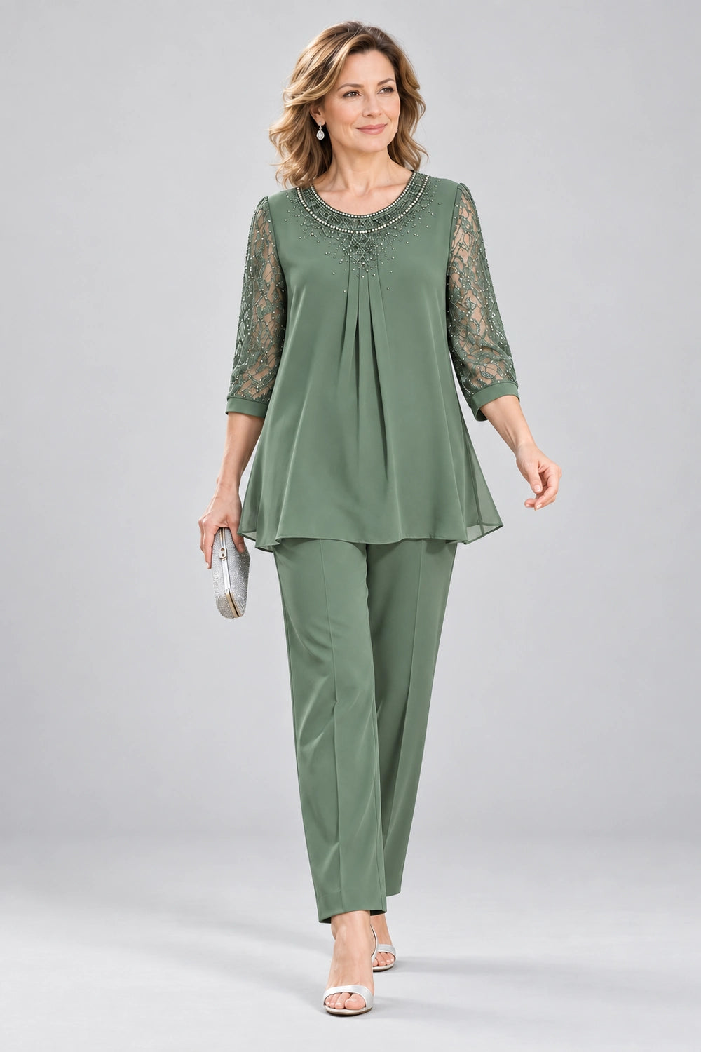 Beaded-Neck Lace-Sleeve Chiffon Pant Suit
