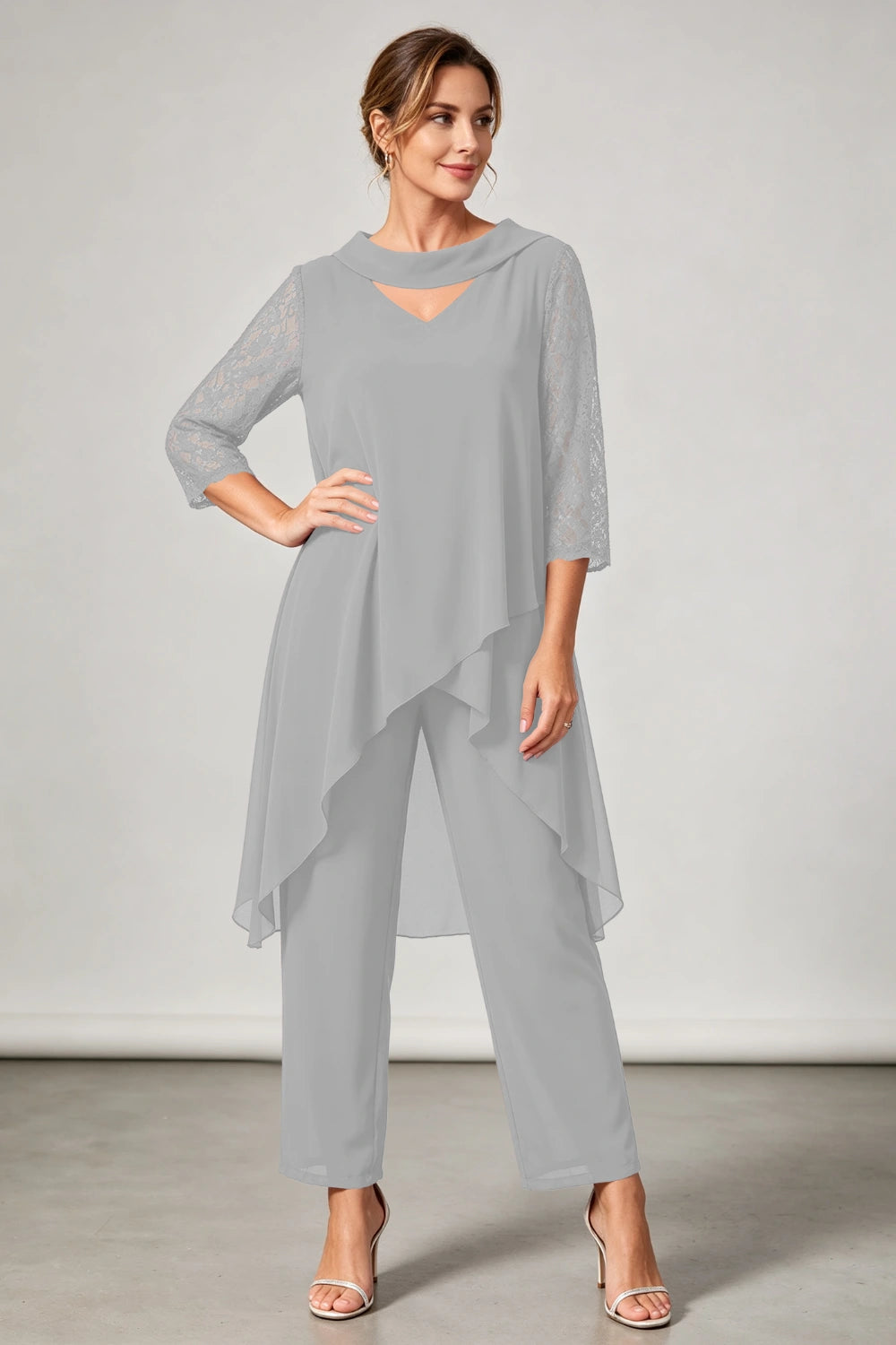 Plum Beaded V Neck Lace Sleeve Chiffon Pant Suit