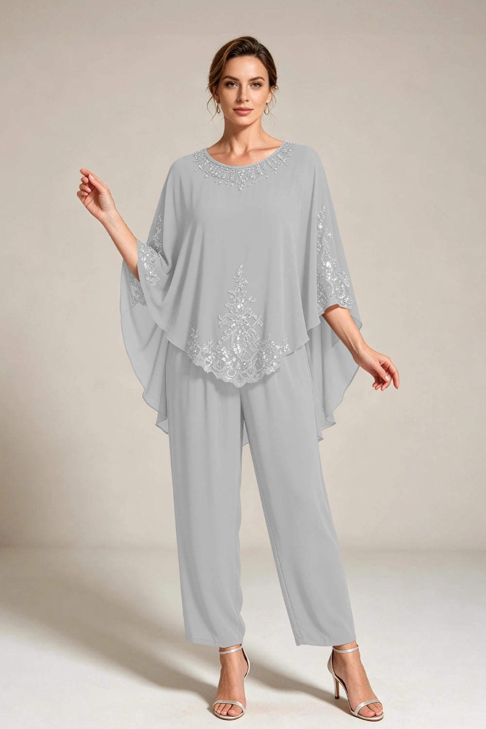 Beige Beaded-Lace Cape-Sleeve Chiffon Pant Suit