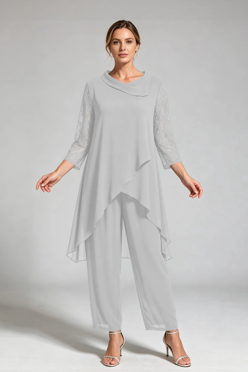 Peacock Blue Cowl Neck Lace Sleeve Chiffon Pant Suit