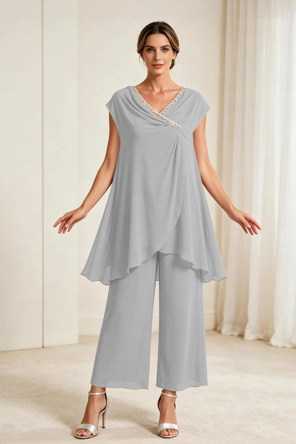 Dusty Rose Draped Asymmetric Chiffon Pant Suit