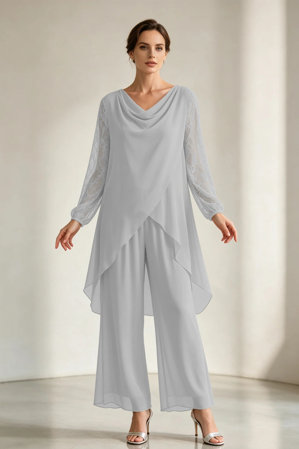 Champagne Draped Cowl Neck Chiffon Pant Suit