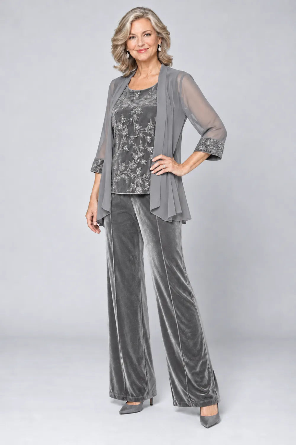 Silver Gray pant suit with tonal floral top and matching cuff panels, front view.
