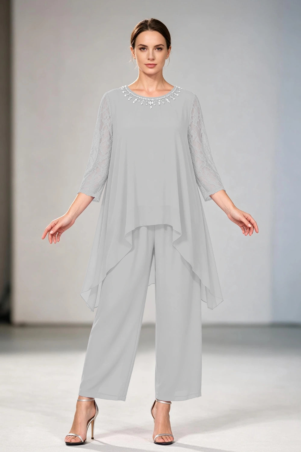 Dusty Lavender Lace-Sleeve Handkerchief-Hem Chiffon Pant Suit