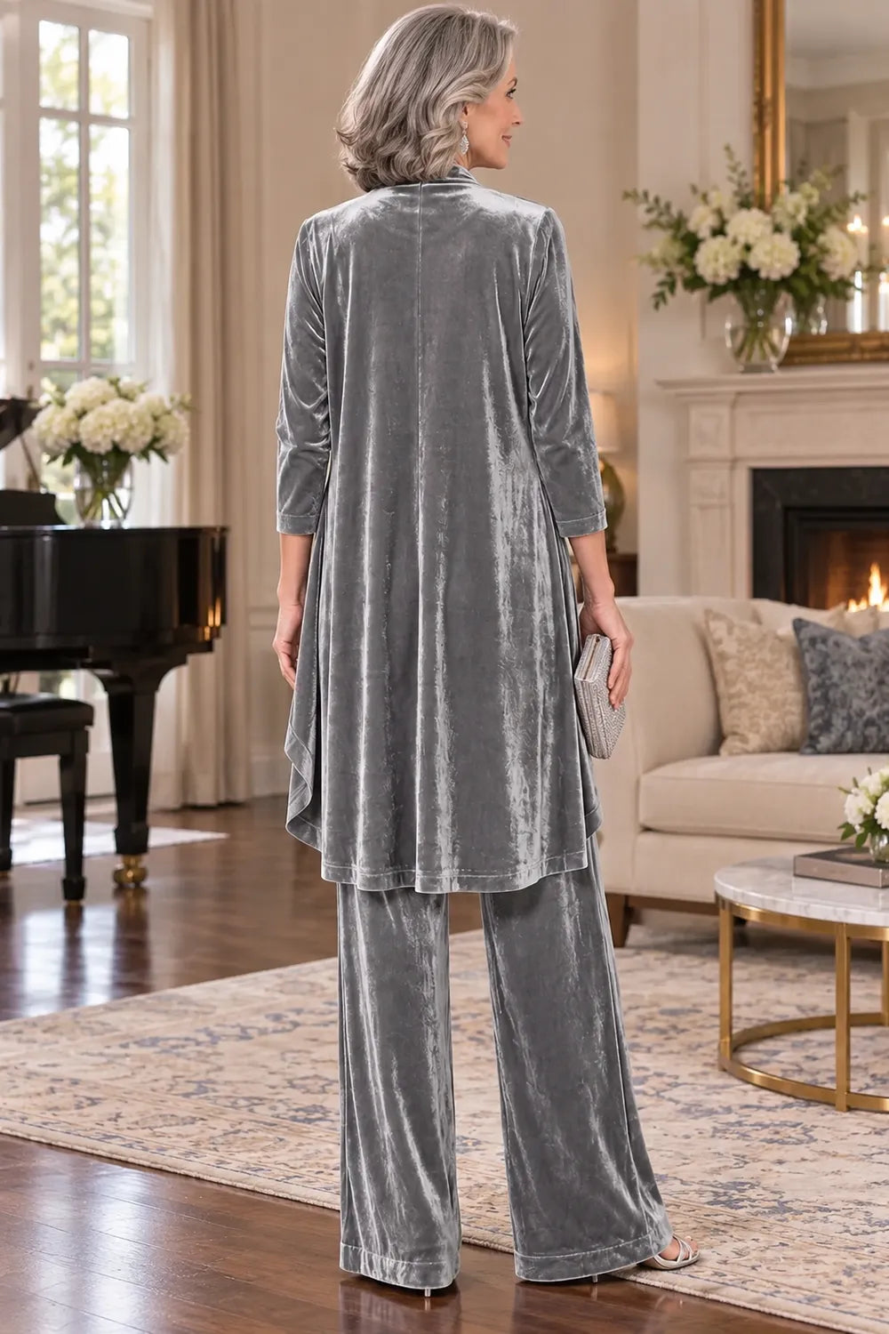 Silver Gray Long Waterfall Mother of the Bride Pant Suit
