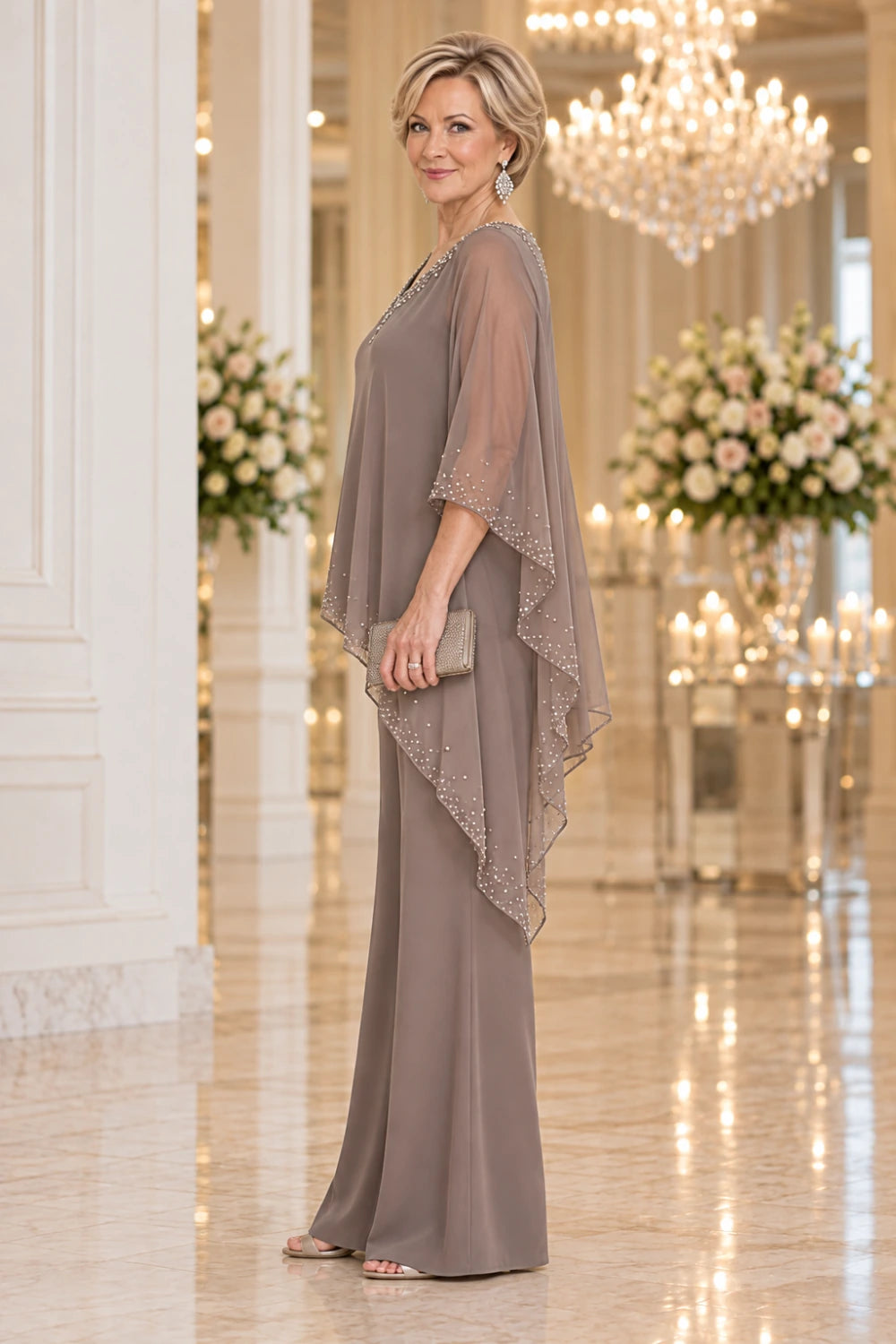 Side view of the taupe pant suit showing the long waterfall cape point and full-length trousers.