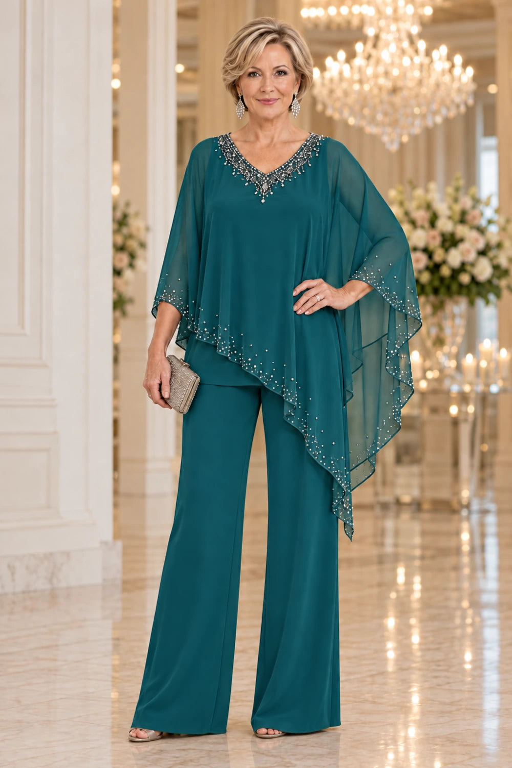 Teal pant suit with long wide-leg trousers and a sheer asymmetric cape edged with bright trim, front view.