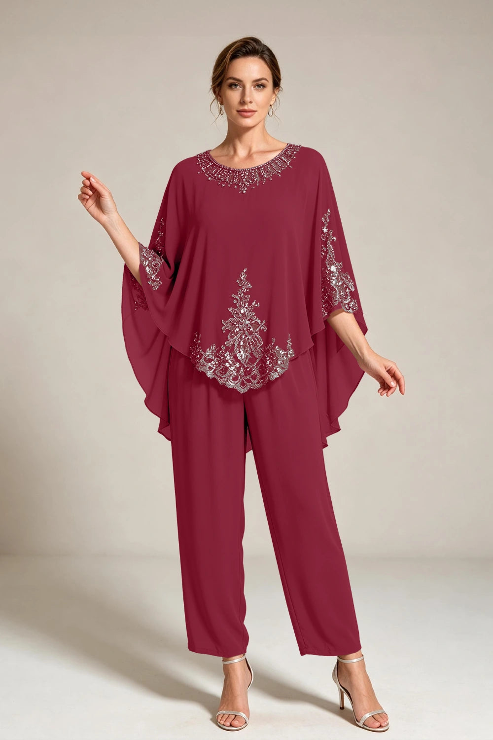 Beige Beaded-Lace Cape-Sleeve Chiffon Pant Suit