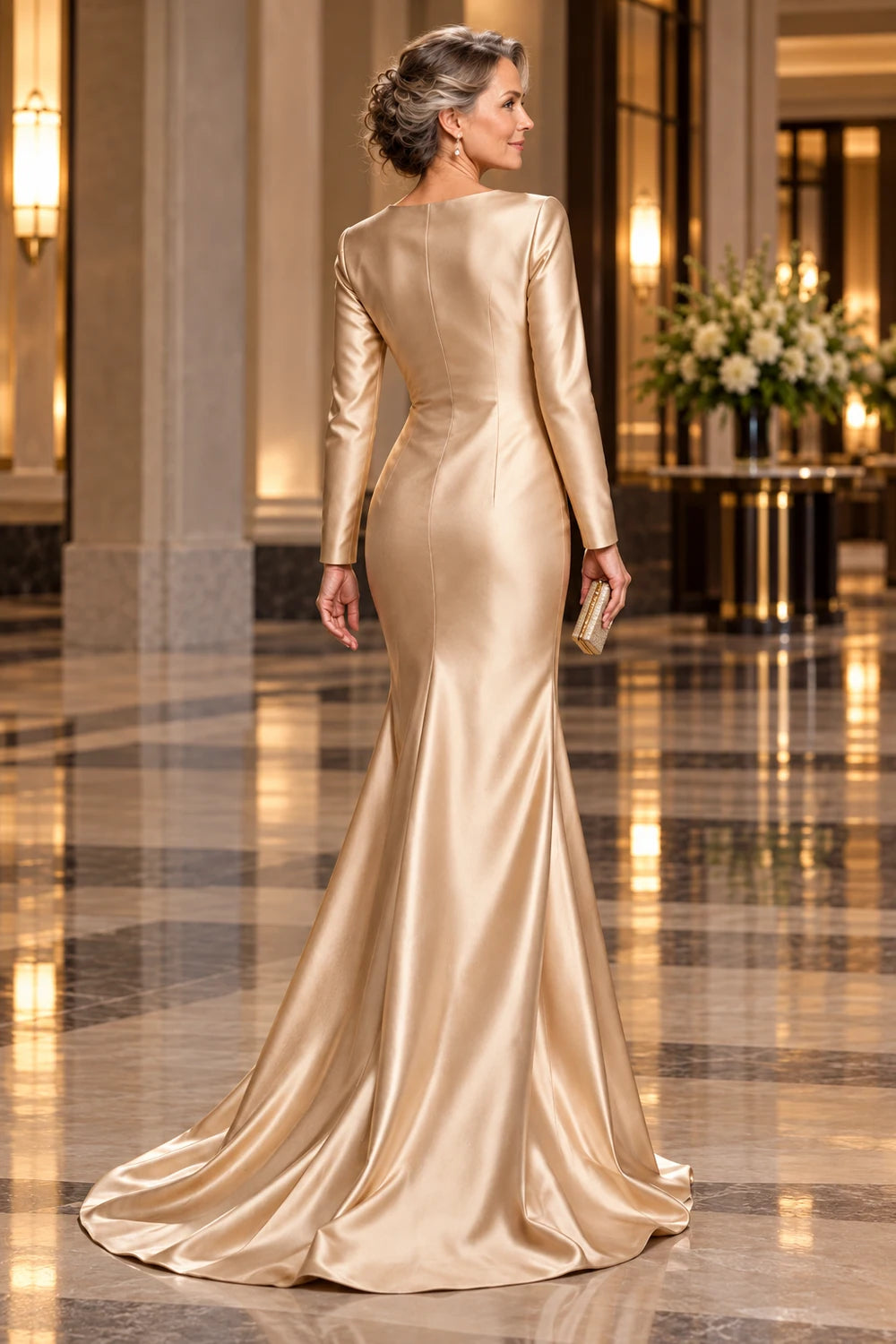 Champagne Long Sleeve Satin Mermaid Mother of Bride Dress