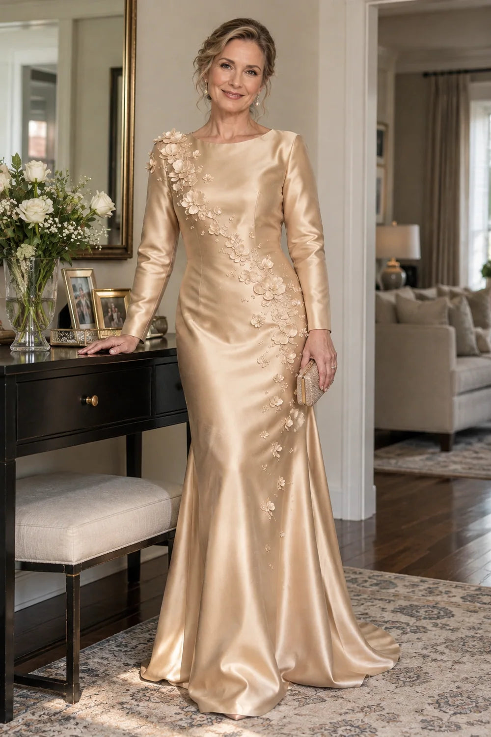 Champagne Long Sleeve Satin Mermaid Mother of Bride Dress