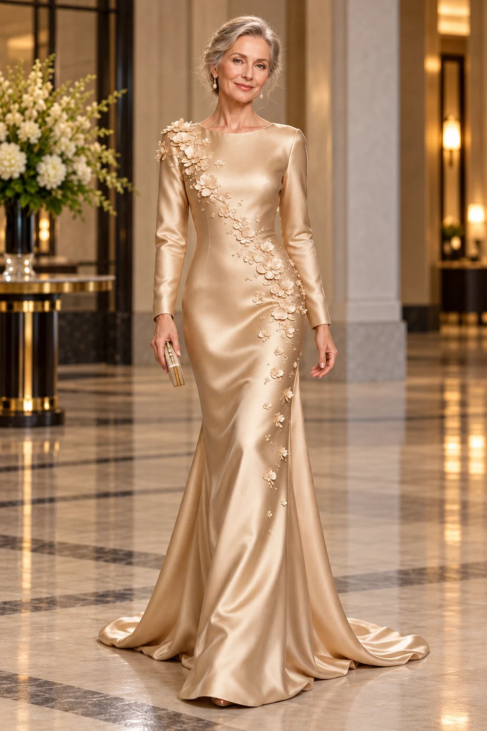Champagne Long Sleeve Satin Mermaid Mother of Bride Dress