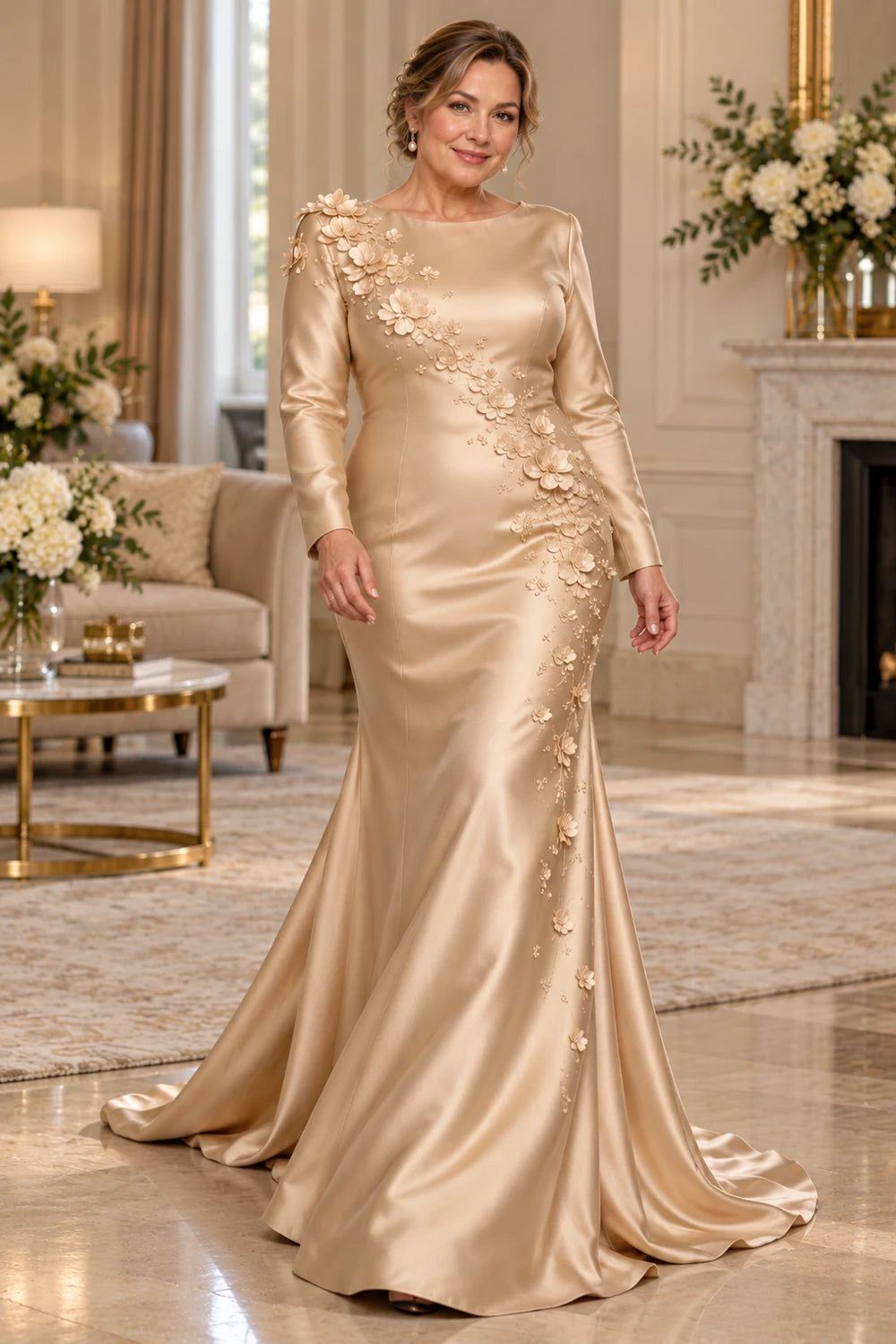 Champagne Long Sleeve Satin Mermaid Mother of Bride Dress