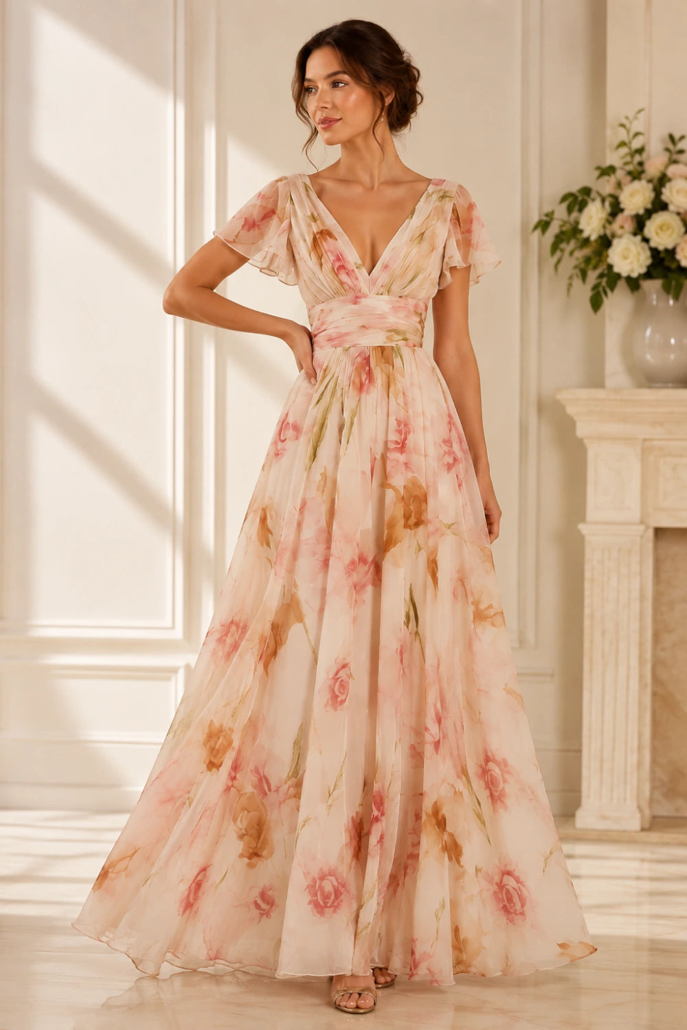 Blush Floral Deep-V Flutter-Sleeve Chiffon Maxi Dress