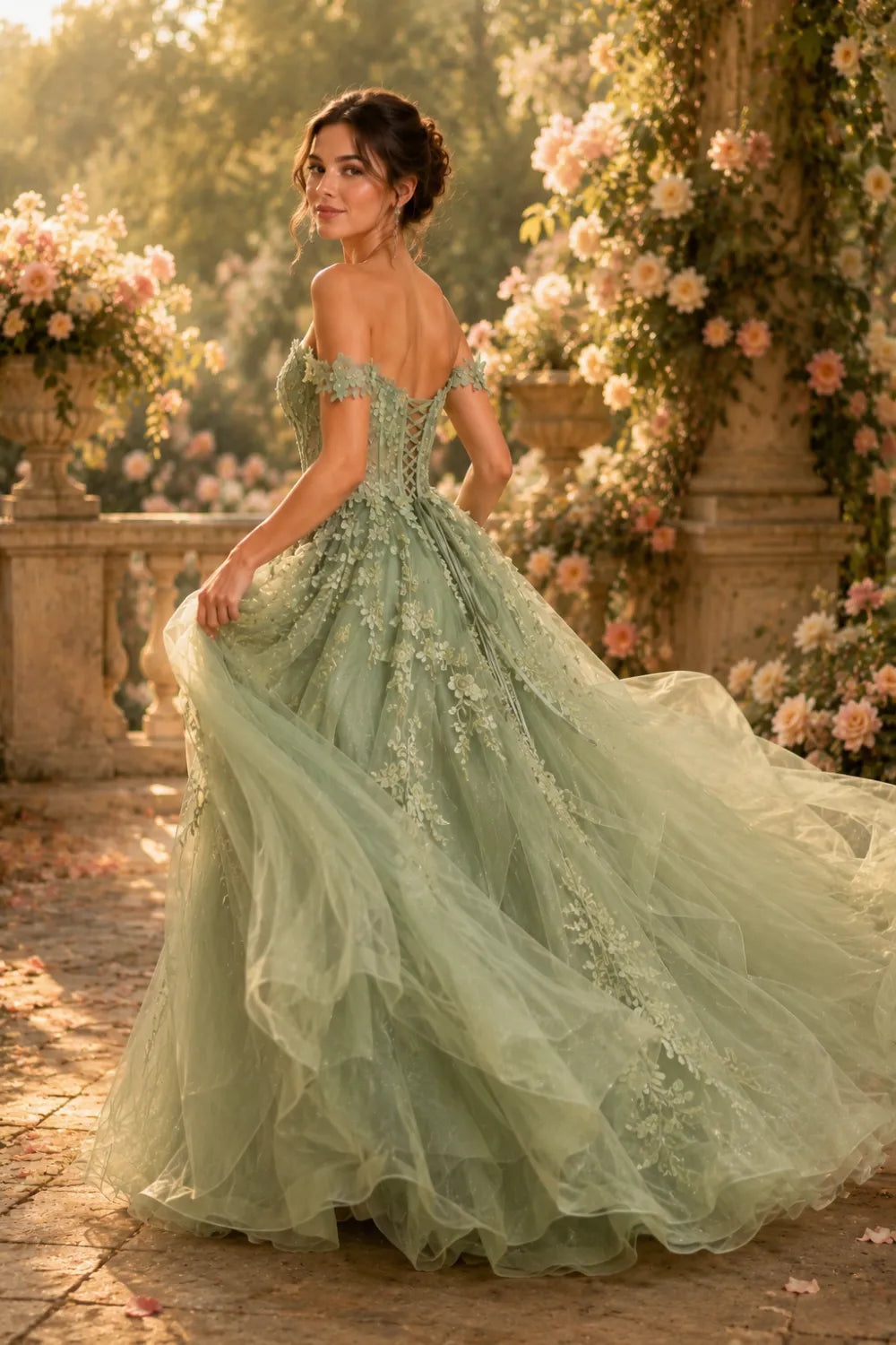 Off Shoulder Sage Green Prom Dress
