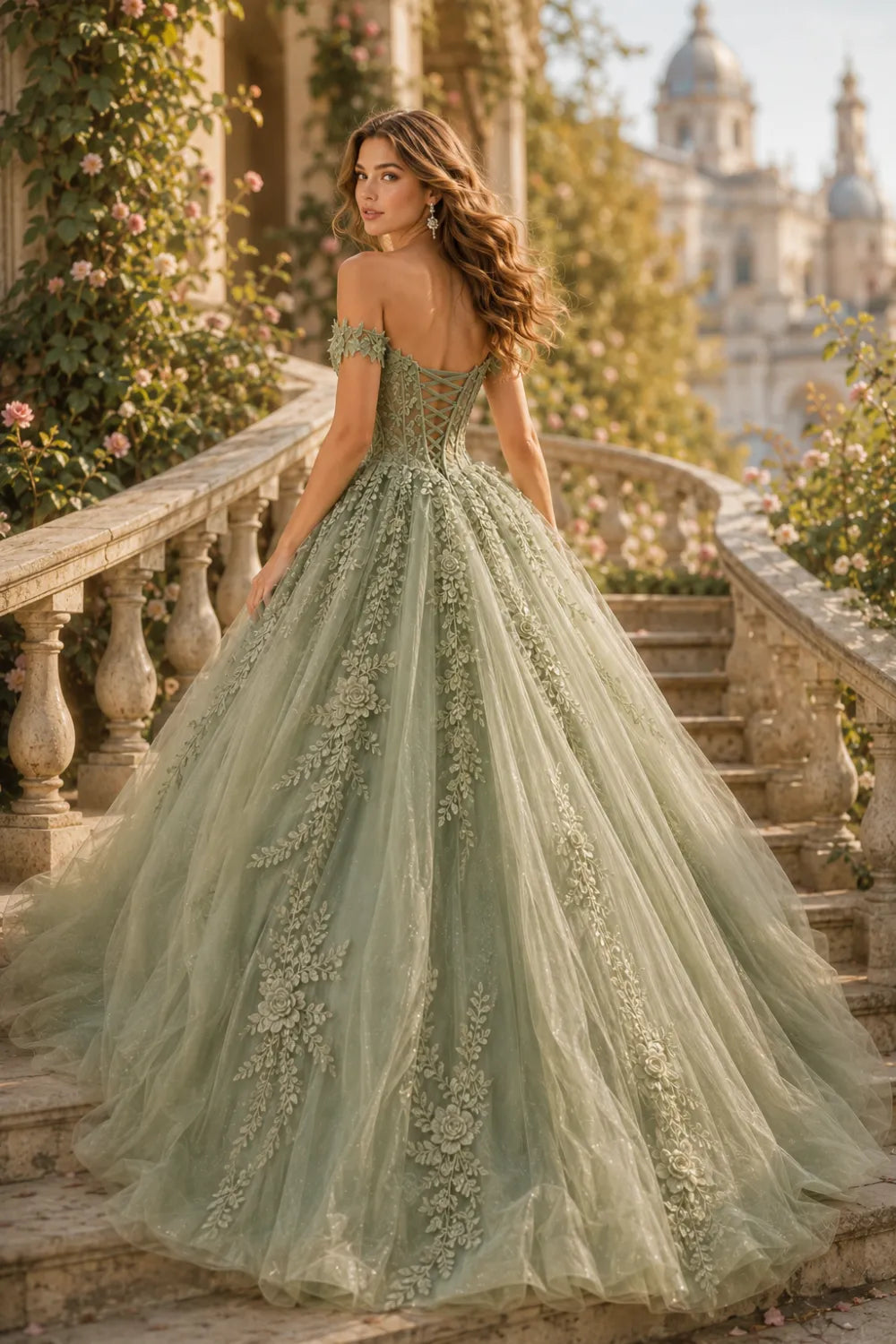 Off Shoulder Sage Green Prom Dress