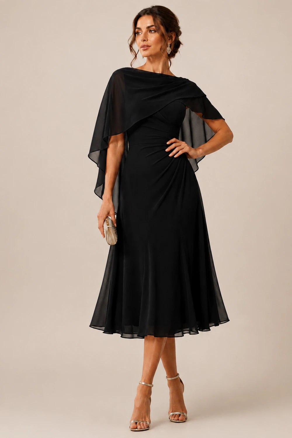 Asymmetric Cape Chiffon Midi Dress with Ruched Waist