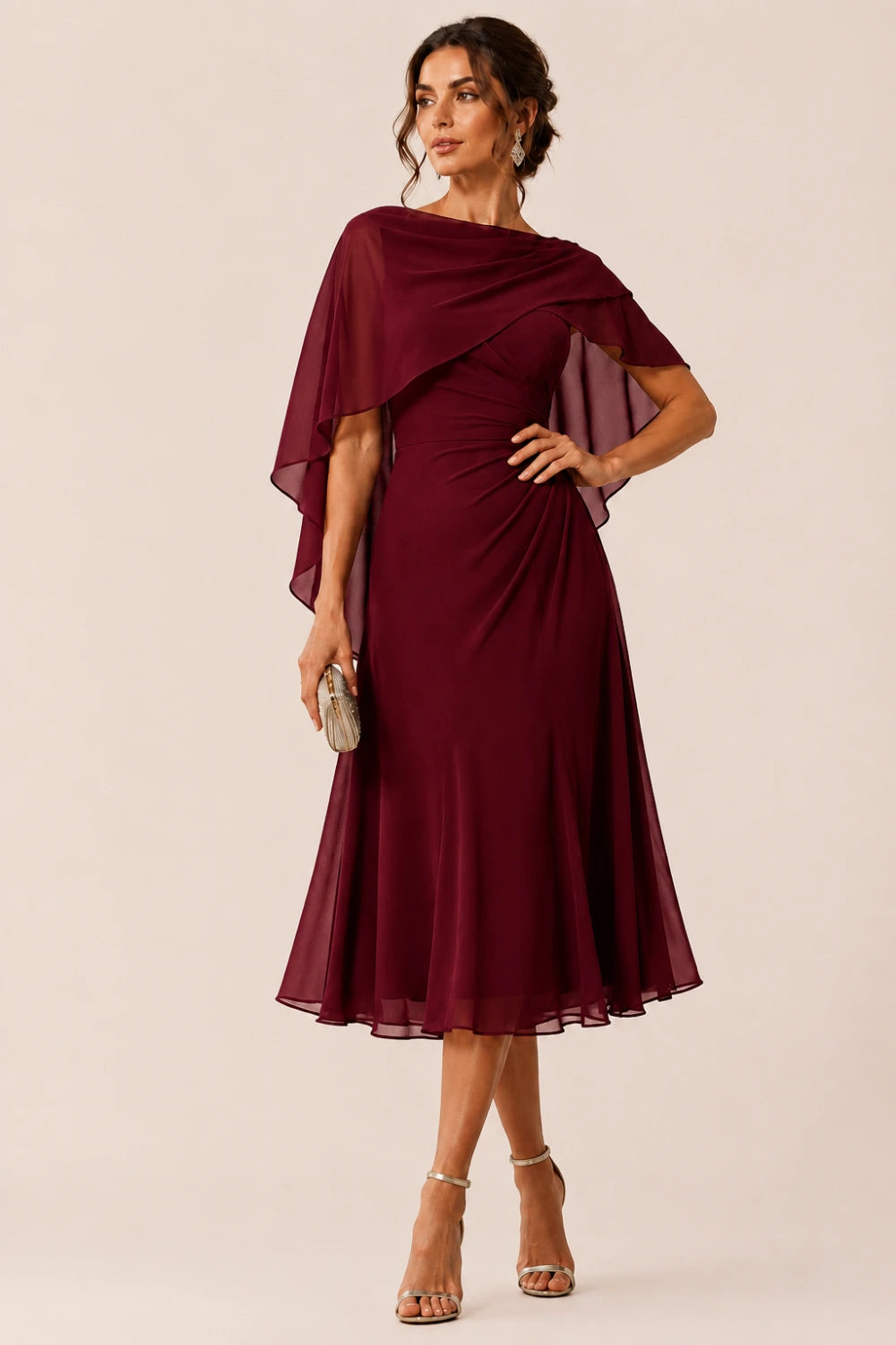 Asymmetric Cape Chiffon Midi Dress with Ruched Waist