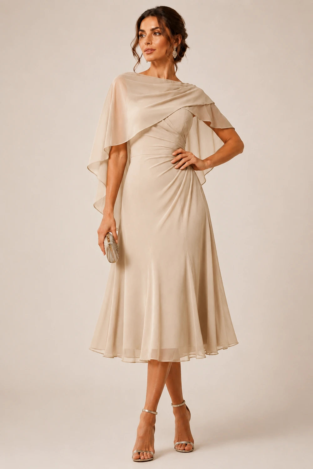 Asymmetric Cape Chiffon Midi Dress with Ruched Waist