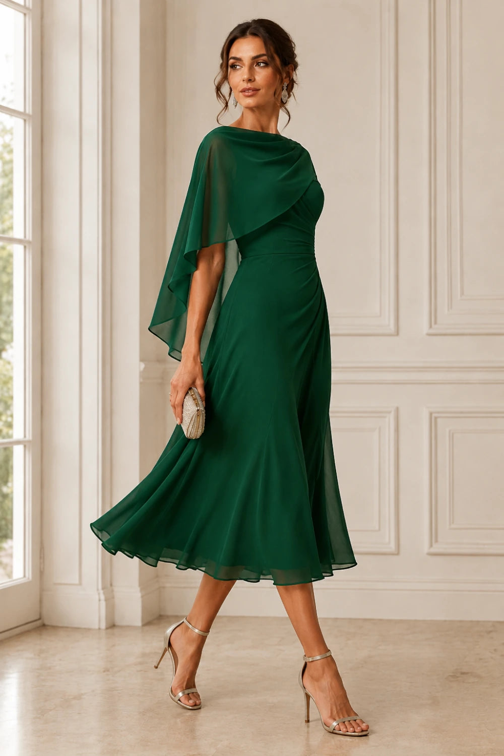 Asymmetric Cape Chiffon Midi Dress with Ruched Waist