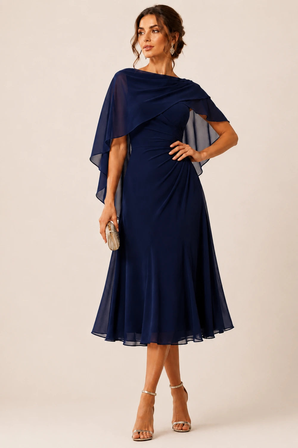 Asymmetric Cape Chiffon Midi Dress with Ruched Waist