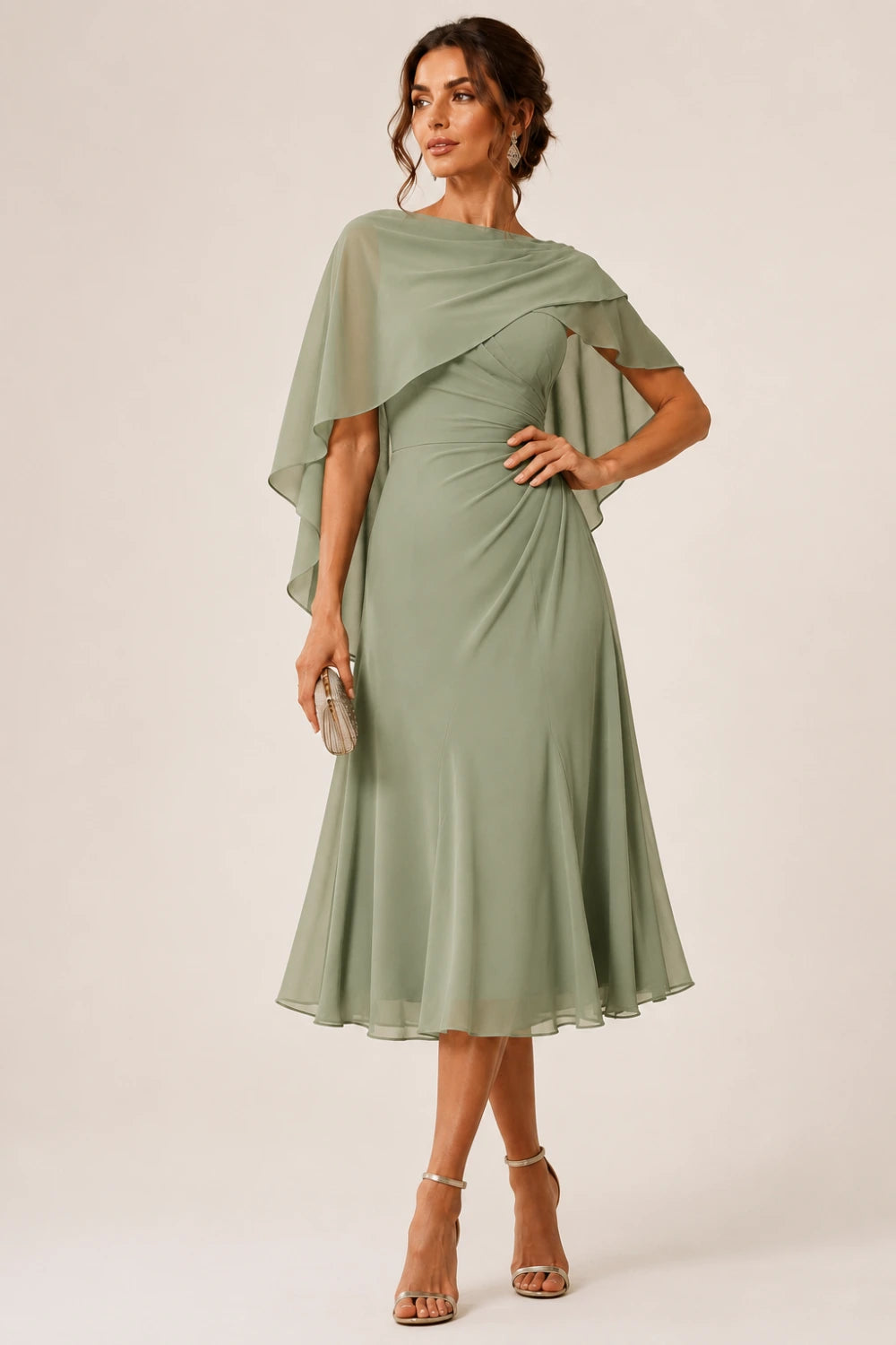Asymmetric Cape Chiffon Midi Dress with Ruched Waist