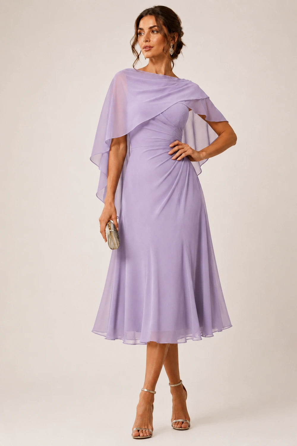 Asymmetric Cape Chiffon Midi Dress with Ruched Waist