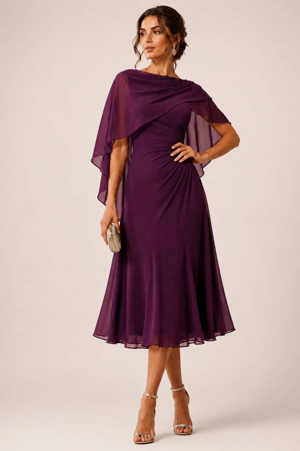 Asymmetric Cape Chiffon Midi Dress with Ruched Waist