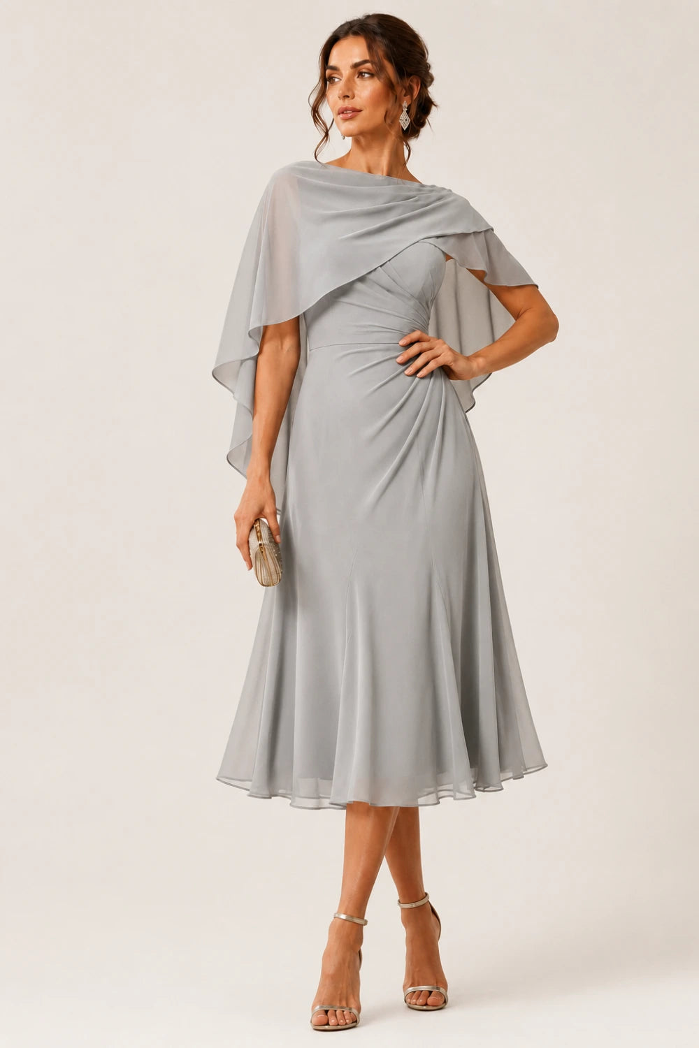 Asymmetric Cape Chiffon Midi Dress with Ruched Waist