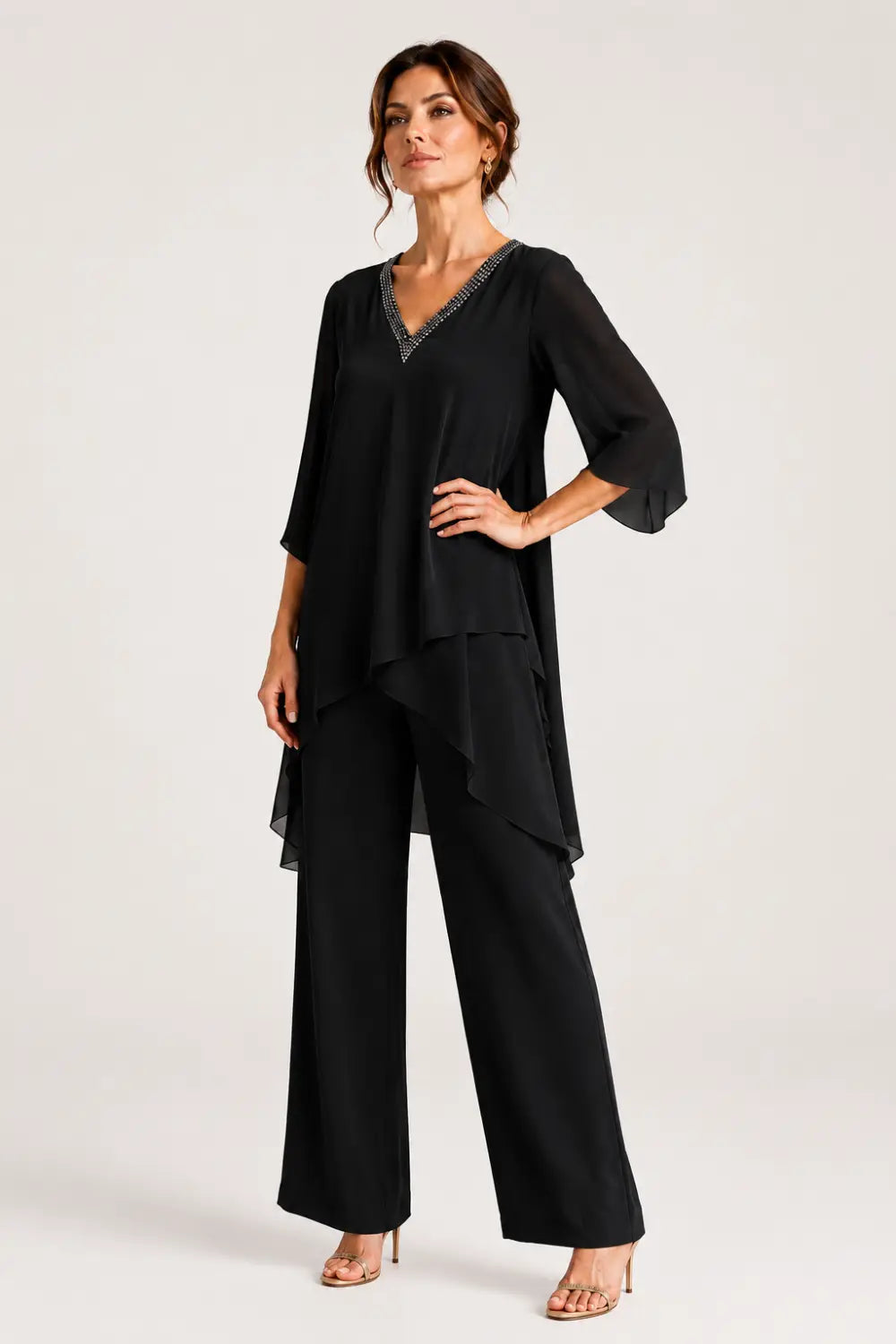 Asymmetric Chiffon Capelet Pant Suit with Wide-Leg Pants