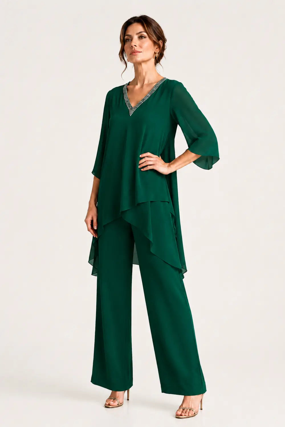 Asymmetric Chiffon Capelet Pant Suit with Wide-Leg Pants