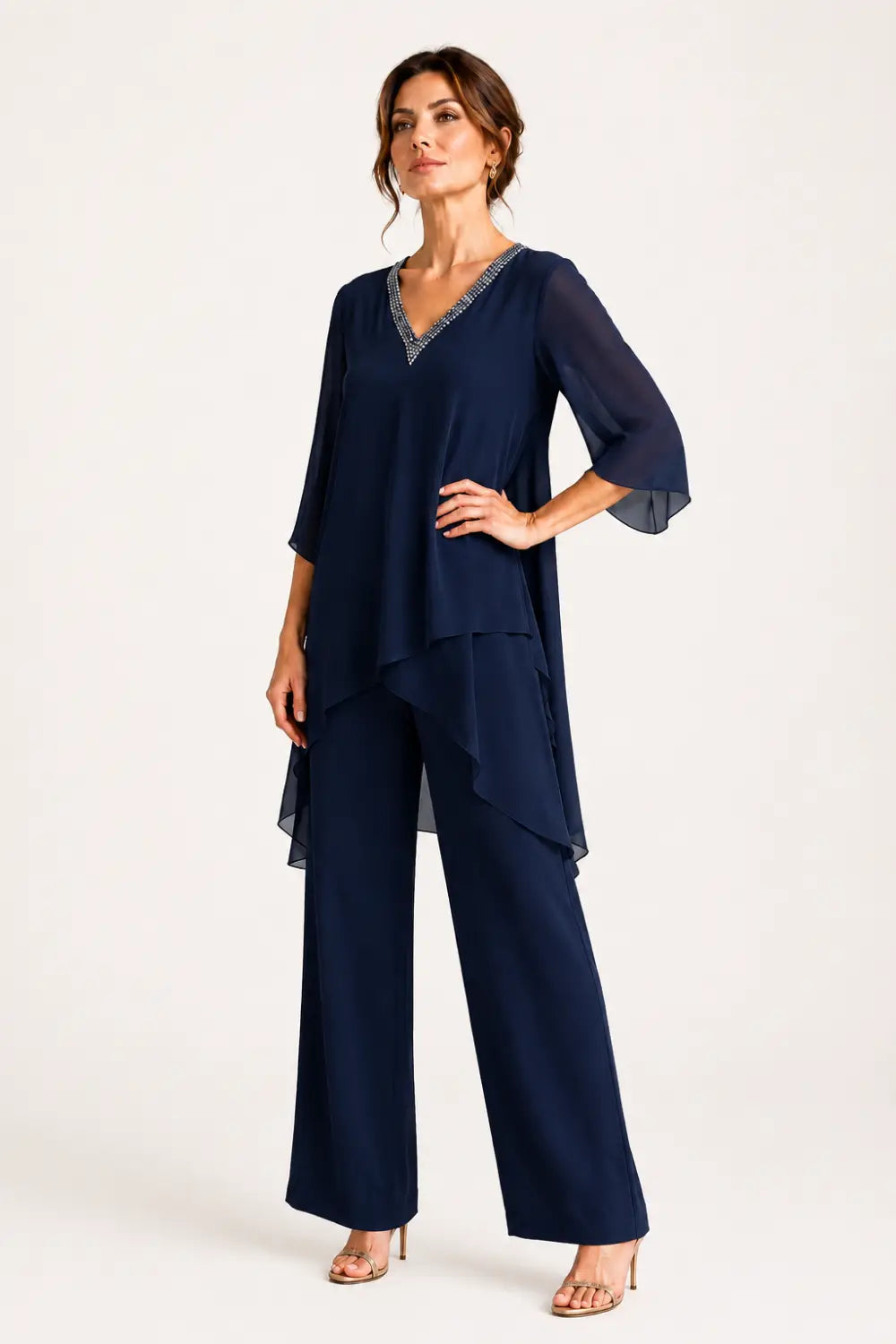 Asymmetric Chiffon Capelet Pant Suit with Wide-Leg Pants