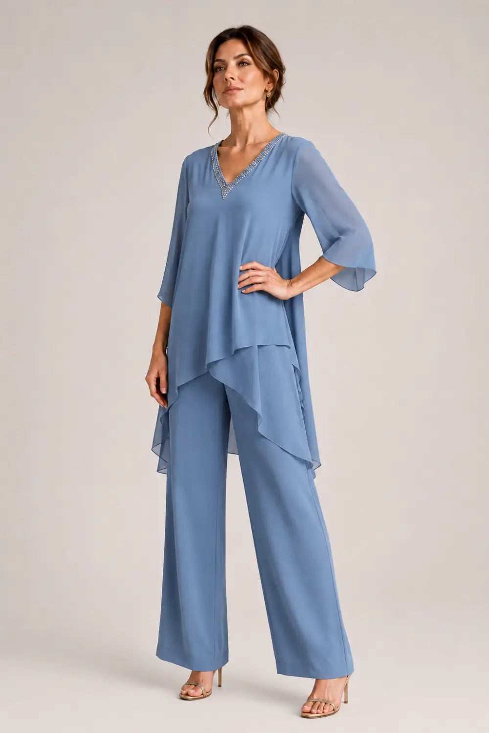 Asymmetric Chiffon Capelet Pant Suit with Wide-Leg Pants
