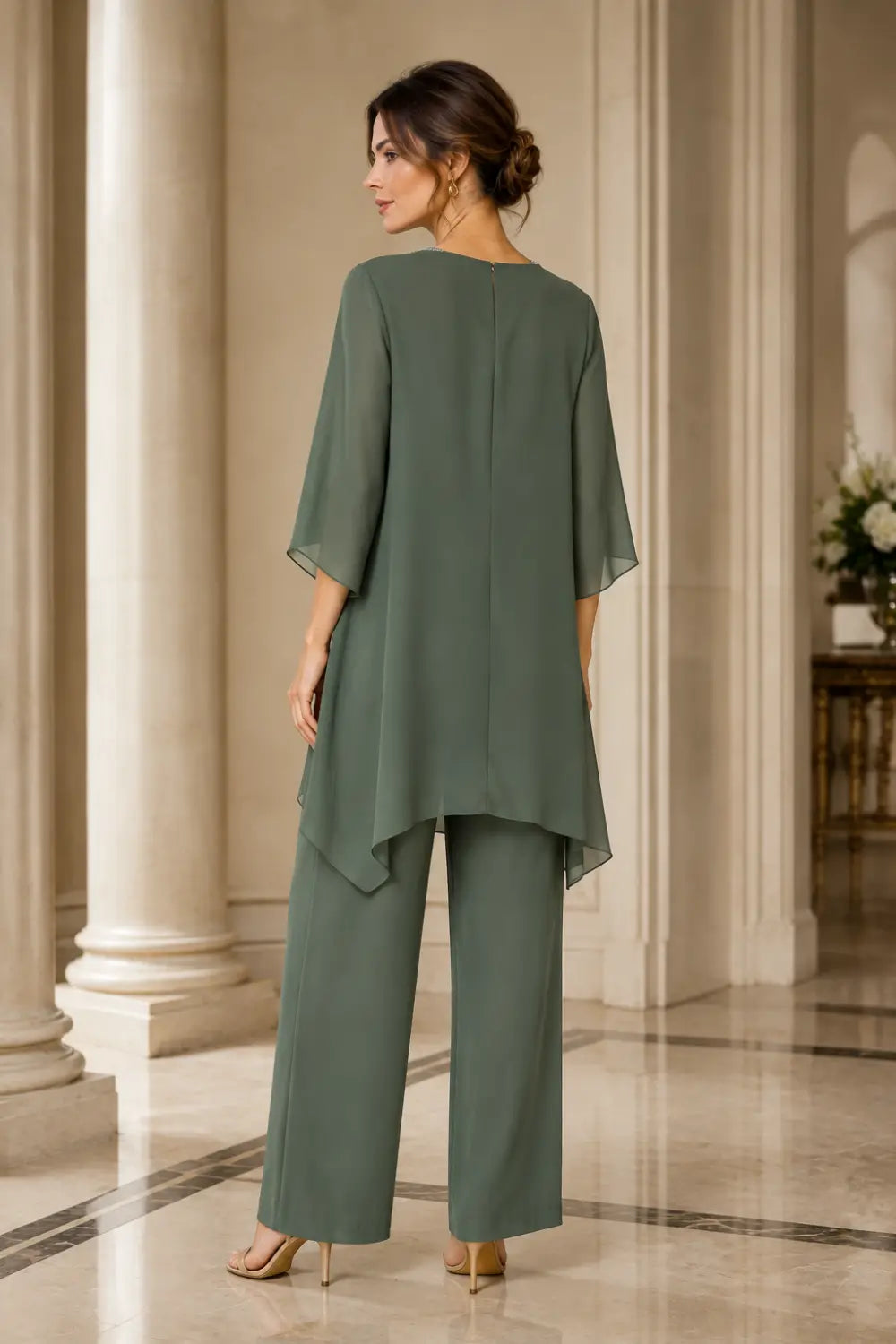 Asymmetric Chiffon Capelet Pant Suit with Wide-Leg Pants