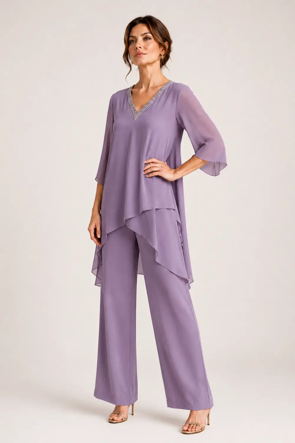 Asymmetric Chiffon Capelet Pant Suit with Wide-Leg Pants