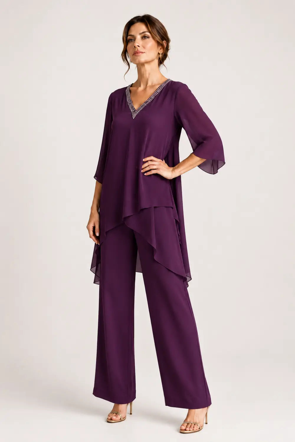 Asymmetric Chiffon Capelet Pant Suit with Wide-Leg Pants