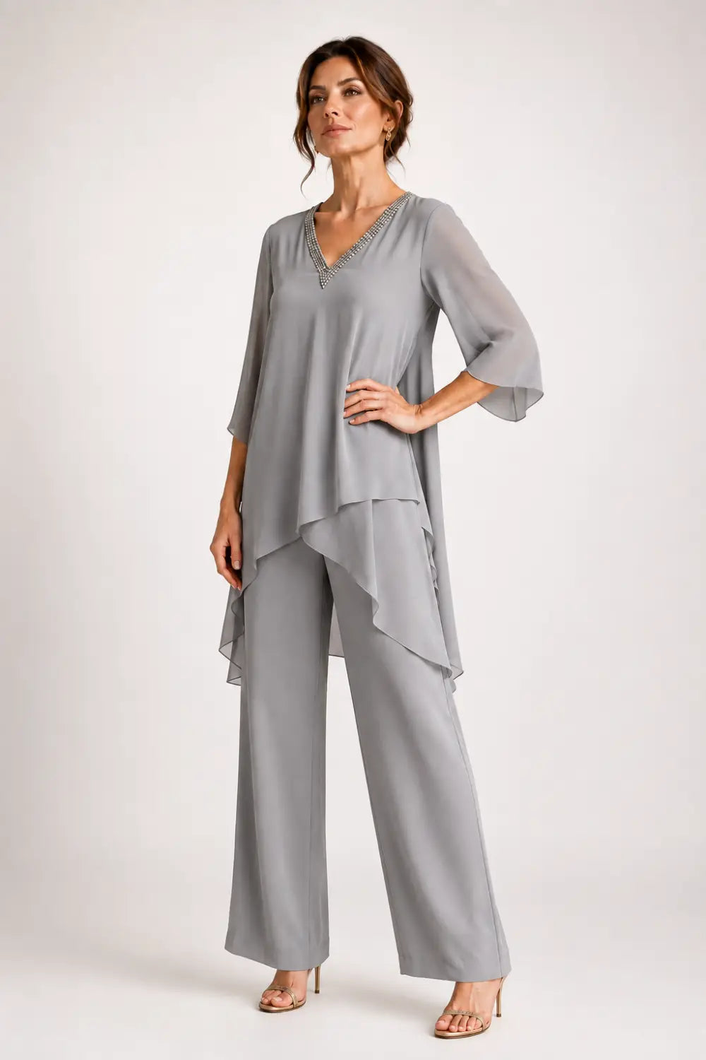 Asymmetric Chiffon Capelet Pant Suit with Wide-Leg Pants