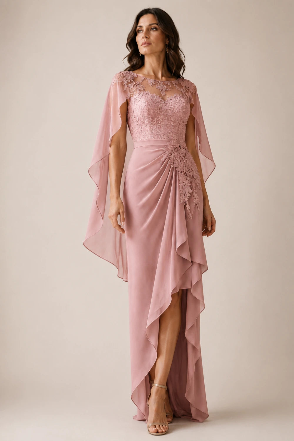 Asymmetric Lace Cape Sleeve Formal Dress with Slit