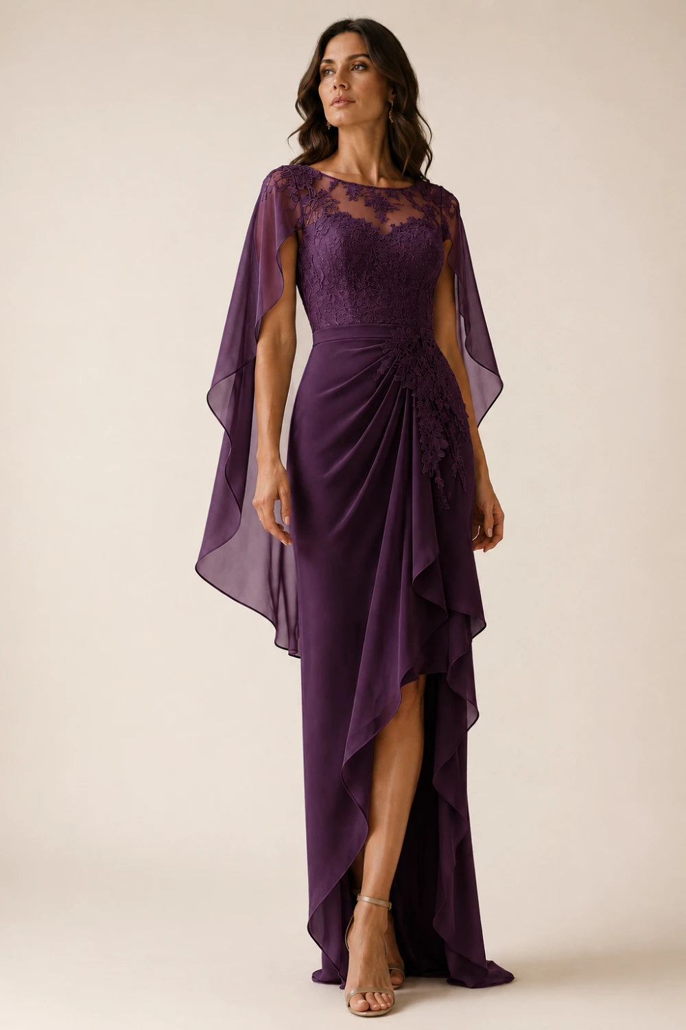 Asymmetric Lace Cape Sleeve Formal Dress with Slit