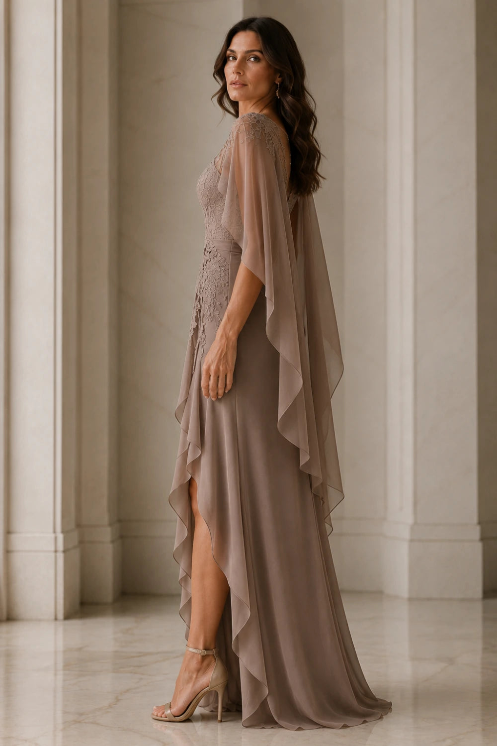 Asymmetric Lace Cape Sleeve Formal Dress with Slit