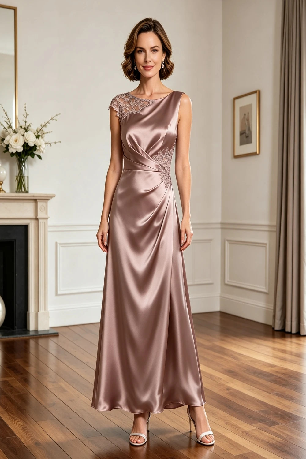 Asymmetric Lace-Shoulder Ruched Satin A-Line Gown